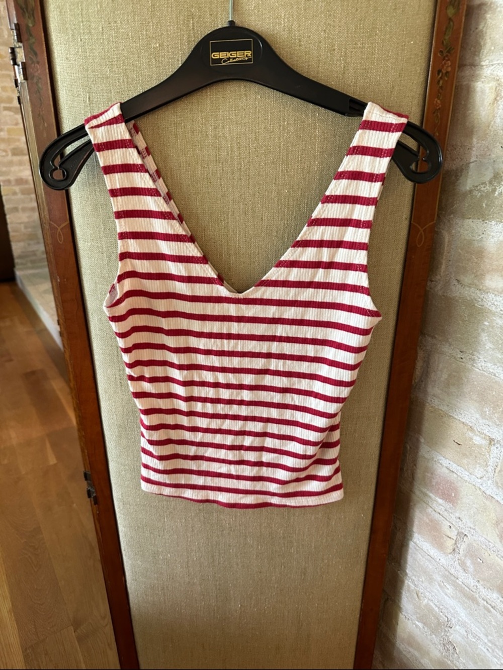 BDG Red & White Striped Stretchy V-Neck Ribbed Tank